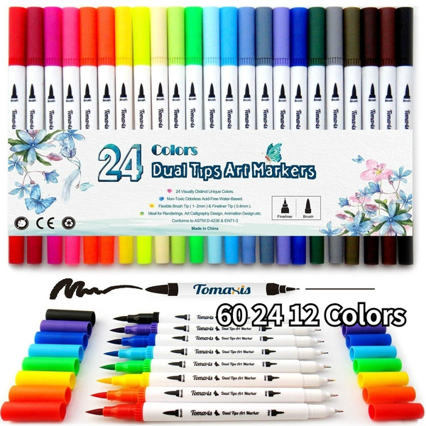 60 24 12 Colors Art Marker, 0.4-2mm Colored Pens Dual Tip Brush